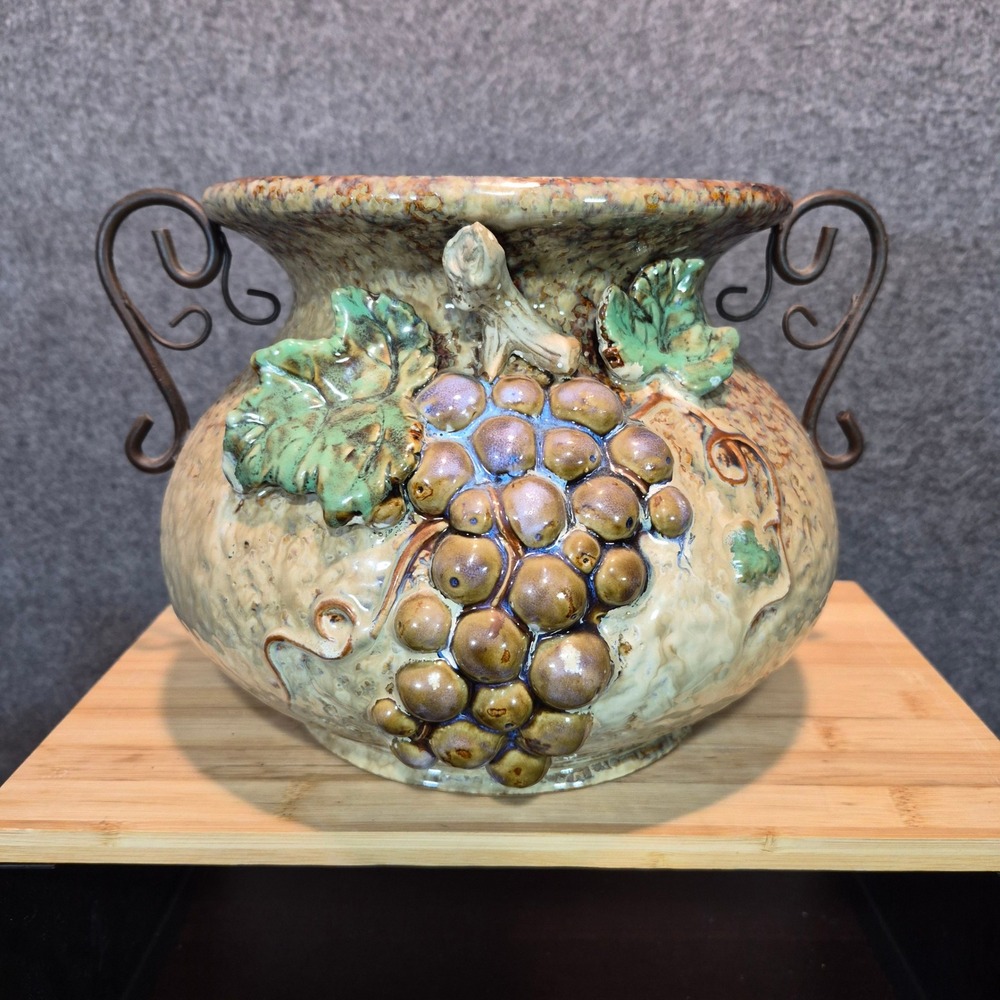 Vtg 1981 Majolica Style Grape Relief Ceramic Urn with Metal Scroll Handles